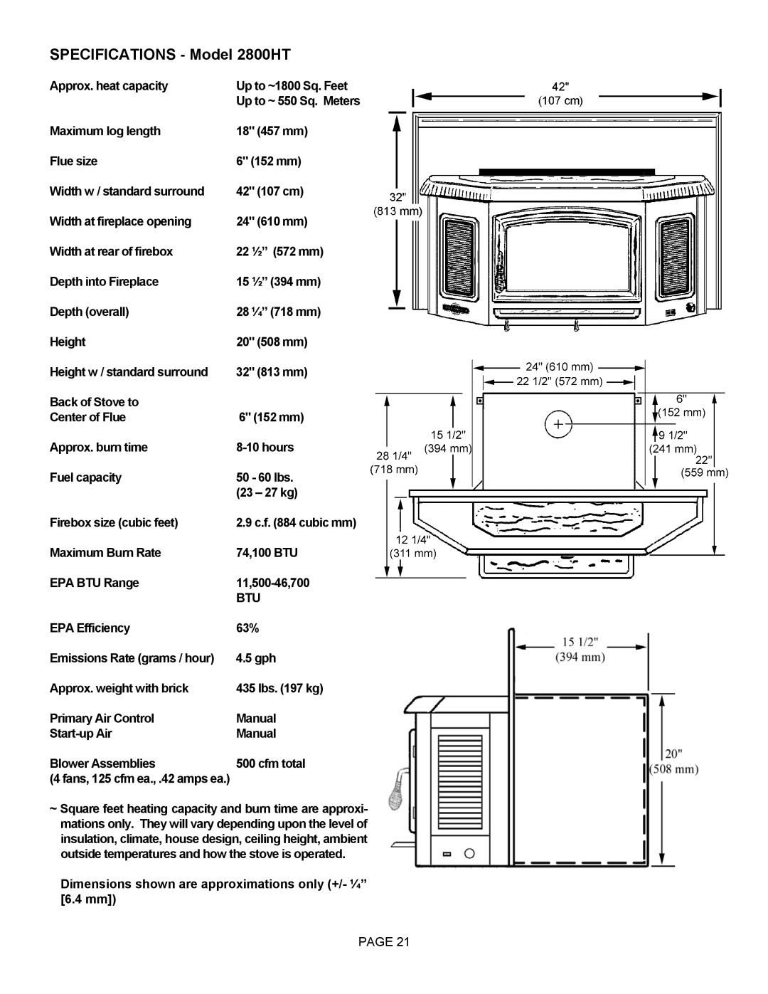 Lennox Hearth 2800HT Btu, 63% Gph Lbs kg Manual Cfm total, Dimensions shown are approximations only +/- ¼ 6.4 mm 