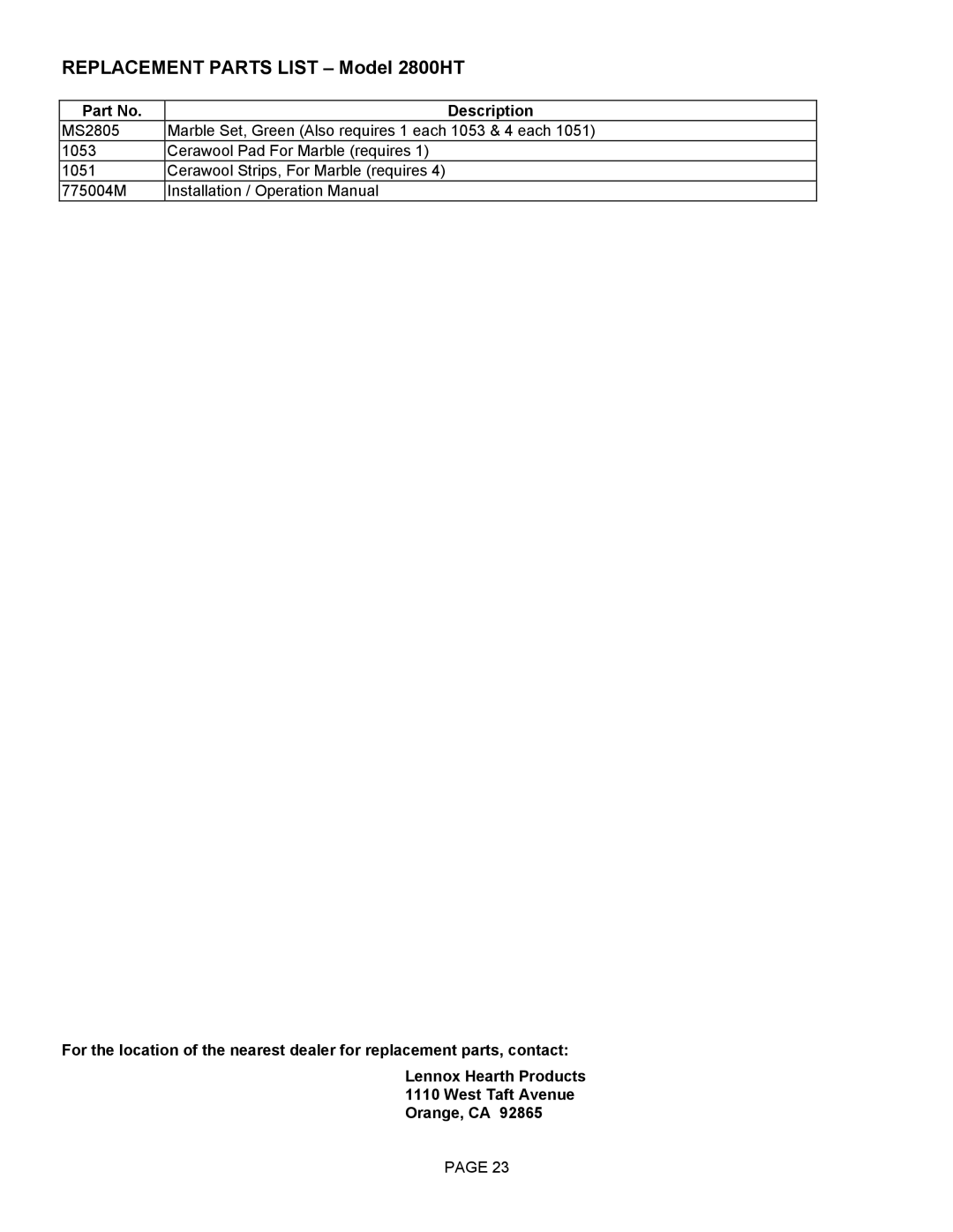 Lennox Hearth operation manual Replacement Parts List Model 2800HT 