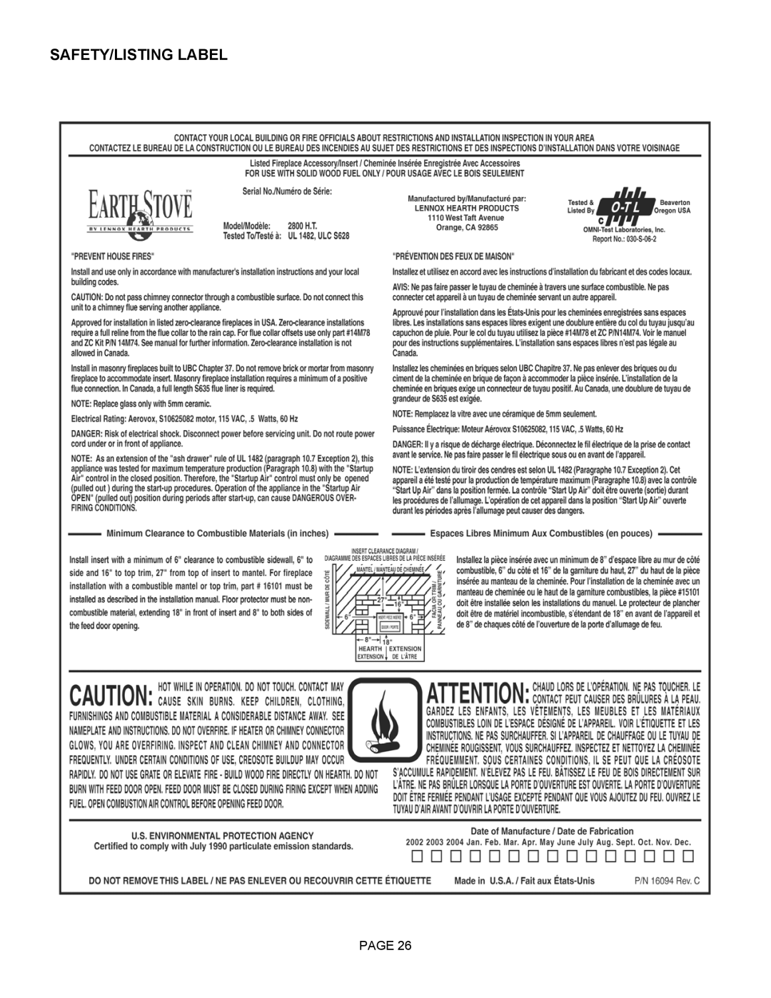 Lennox Hearth 2800HT operation manual SAFETY/LISTING Label 