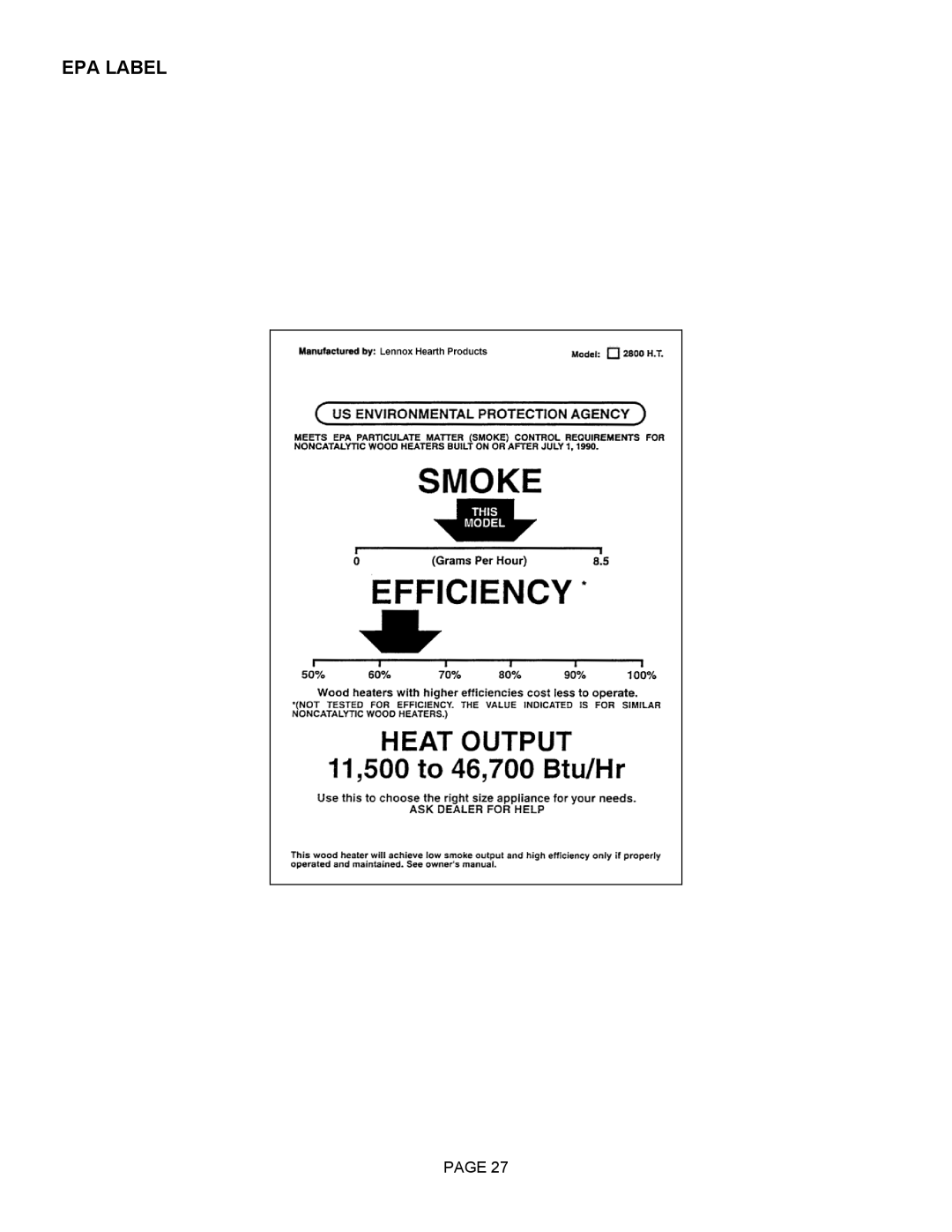 Lennox Hearth 2800HT operation manual EPA Label 