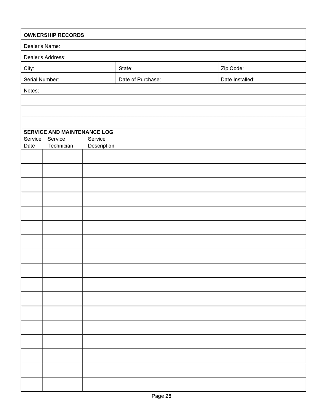 Lennox Hearth 2800HT operation manual Ownership Records, Service and Maintenance LOG 