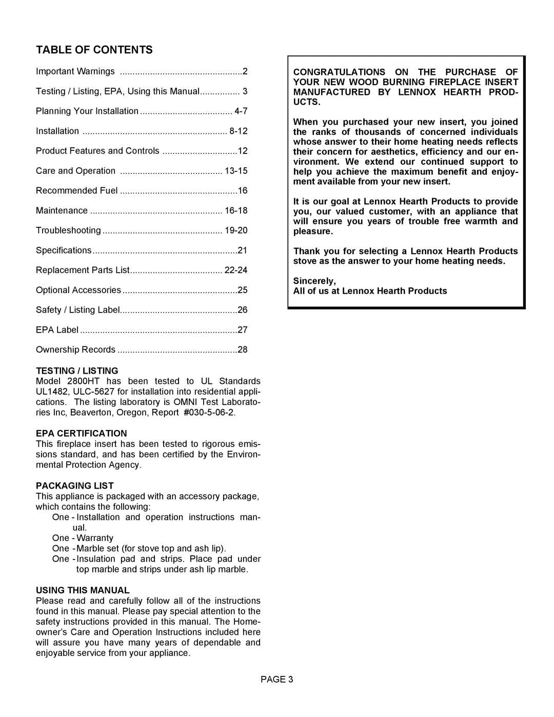 Lennox Hearth 2800HT operation manual Table of Contents 