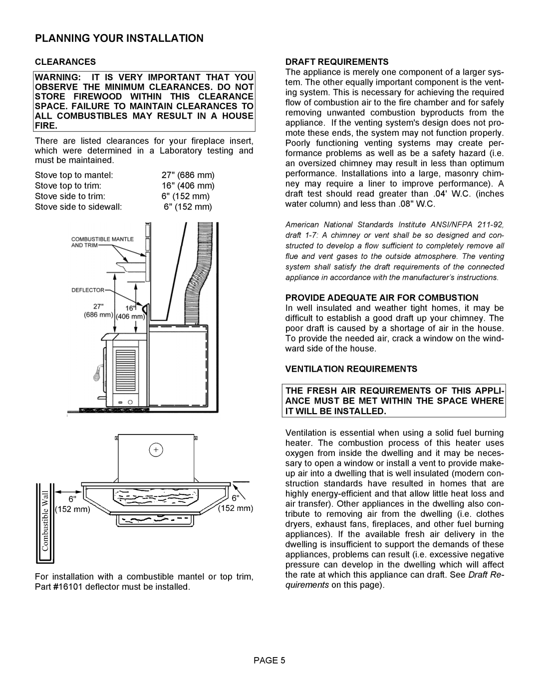 Lennox Hearth 2800HT operation manual Clearances, Draft Requirements, Provide Adequate AIR for Combustion 