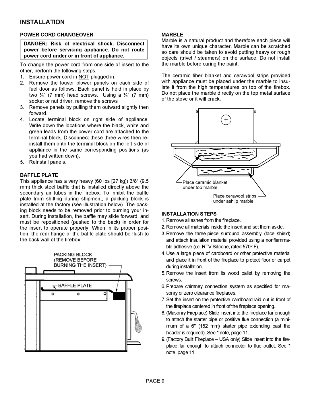 Lennox Hearth 2800HT operation manual Power Cord Changeover, Baffle Plate, Marble, Installation Steps 