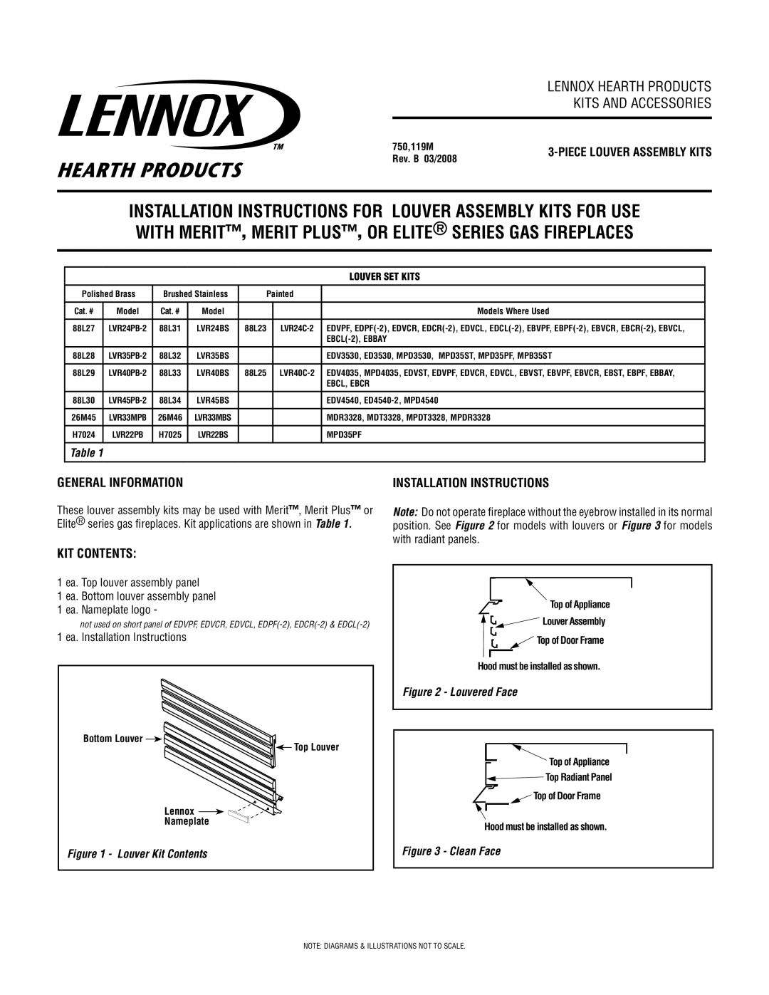 Lennox Hearth 3-Piece Louver Kit installation instructions General Information, KIT Contents, Installation Instructions 