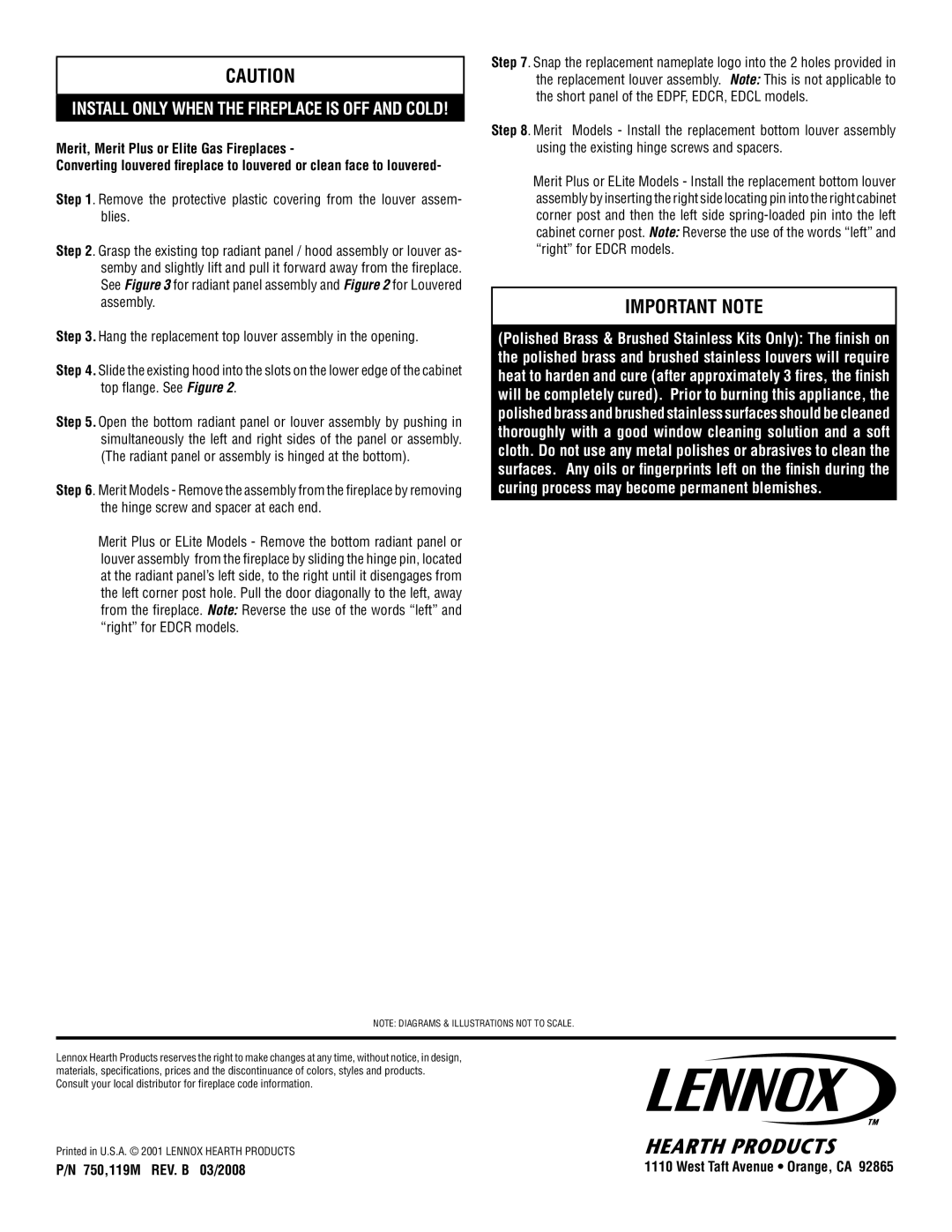 Lennox Hearth 3-Piece Louver Kit installation instructions Important Note 