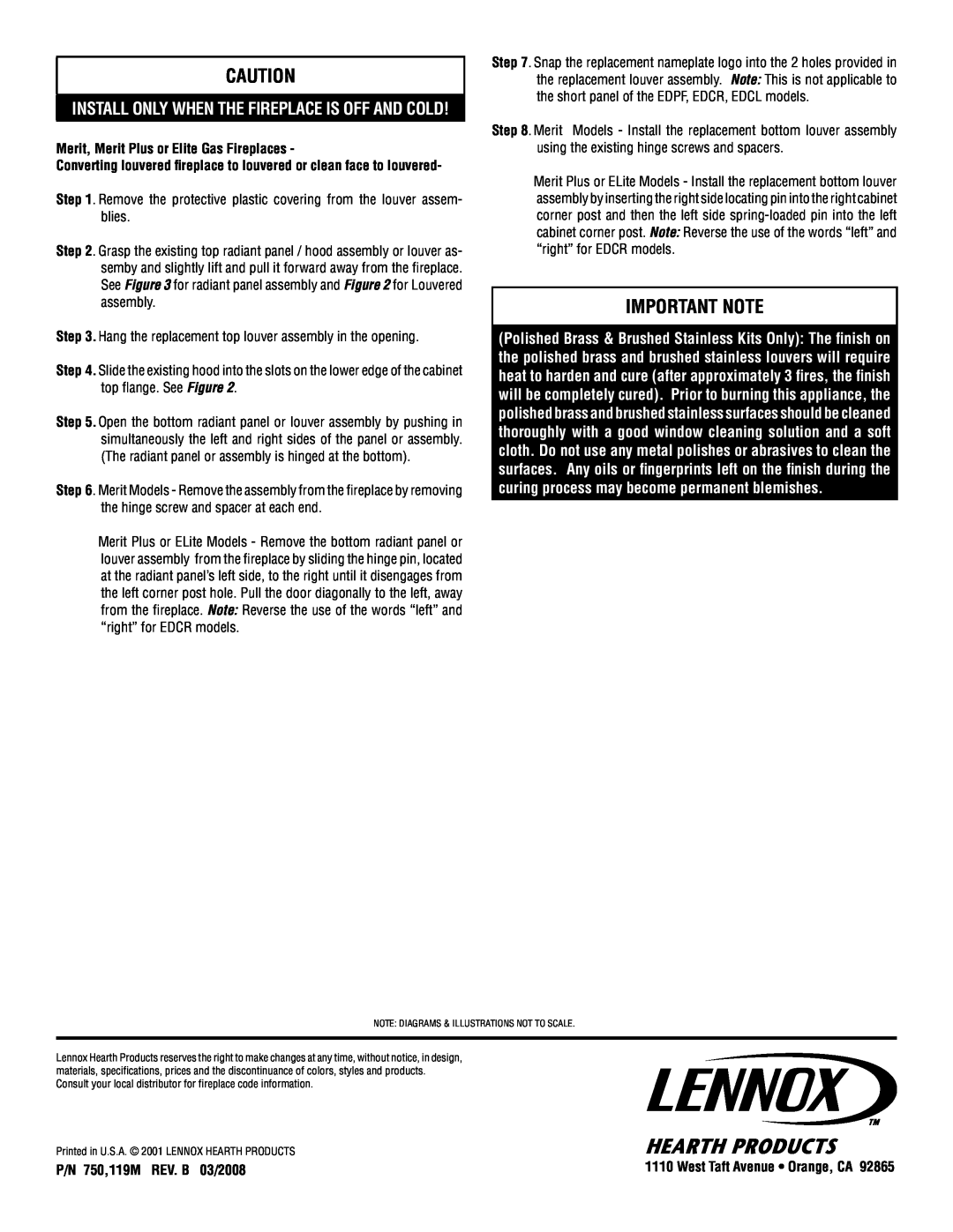 Lennox Hearth 3-Piece Louver Kit installation instructions Important Note, Install Only When The Fireplace Is Off And Cold 