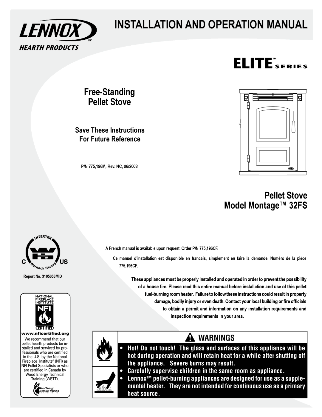 Lennox Hearth 32FS operation manual Free-Standing Pellet Stove 