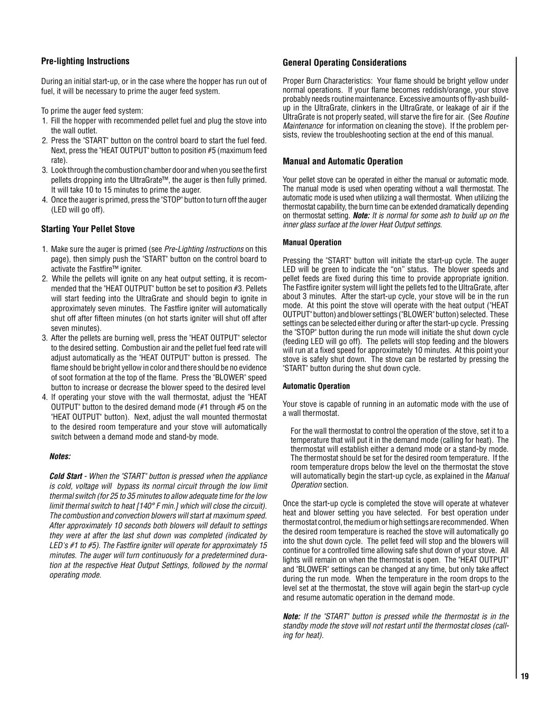 Lennox Hearth 32FS operation manual Pre-lighting Instructions, Starting Your Pellet Stove, General Operating Considerations 