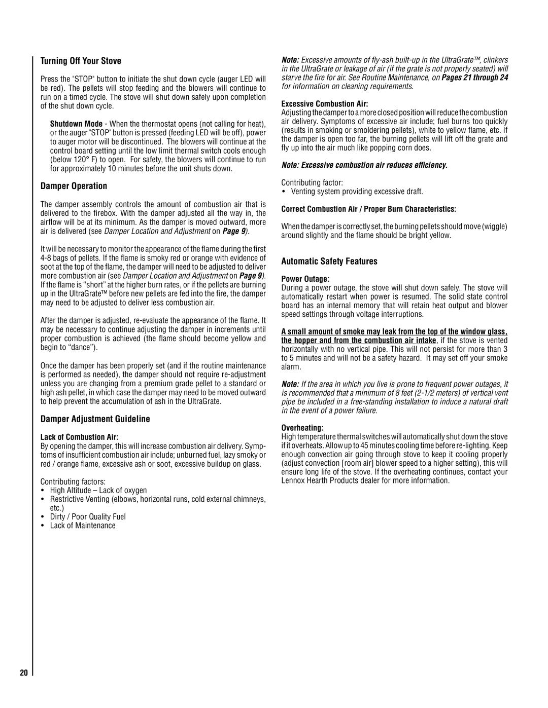 Lennox Hearth 32FS Turning Off Your Stove, Damper Operation, Damper Adjustment Guideline, Automatic Safety Features 