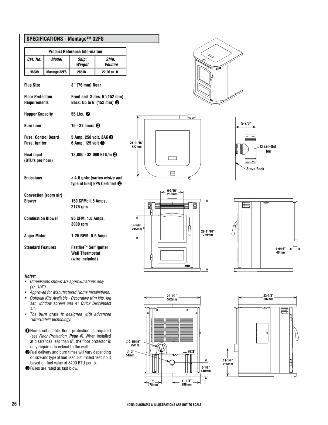 Lennox Hearth Specifications Montage 32FS, Product Reference Information, Flue Size Mm Rear Floor Protection 