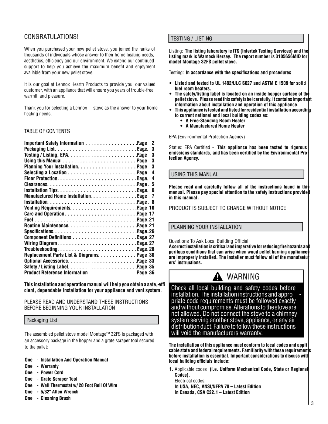 Lennox Hearth 32FS operation manual Table of Contents, Using this Manual, Product is Subject to Change Without Notice 