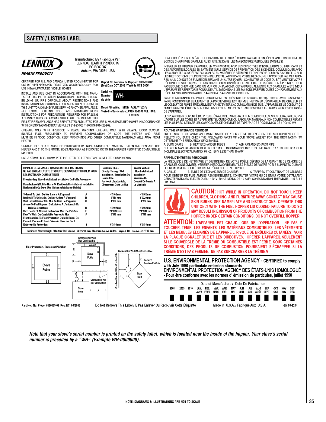 Lennox Hearth 32FS operation manual Safety / listing label, Lennox Hearth Products 