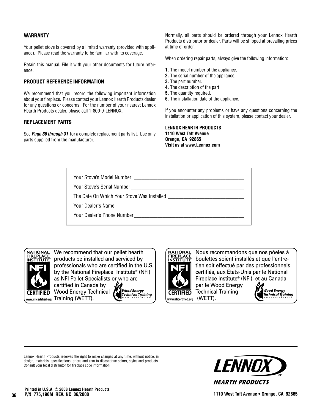 Lennox Hearth 32FS operation manual Warranty, Product reference information, Replacement parts, 775,196M REV. NC 06/2008 