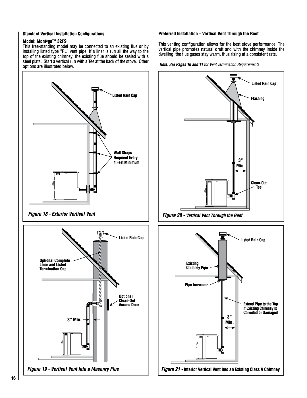 Lennox Hearth operation manual Exterior Vertical Vent, Vertical Vent Into a Masonry Flue, Model Montage 32FS, 3” Min 