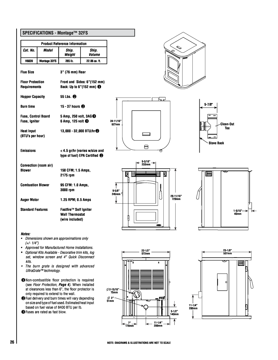 Lennox Hearth operation manual SPECIFICATIONS - Montage 32FS, Dimensions shown are approximations only, 25+/- 1/4” 