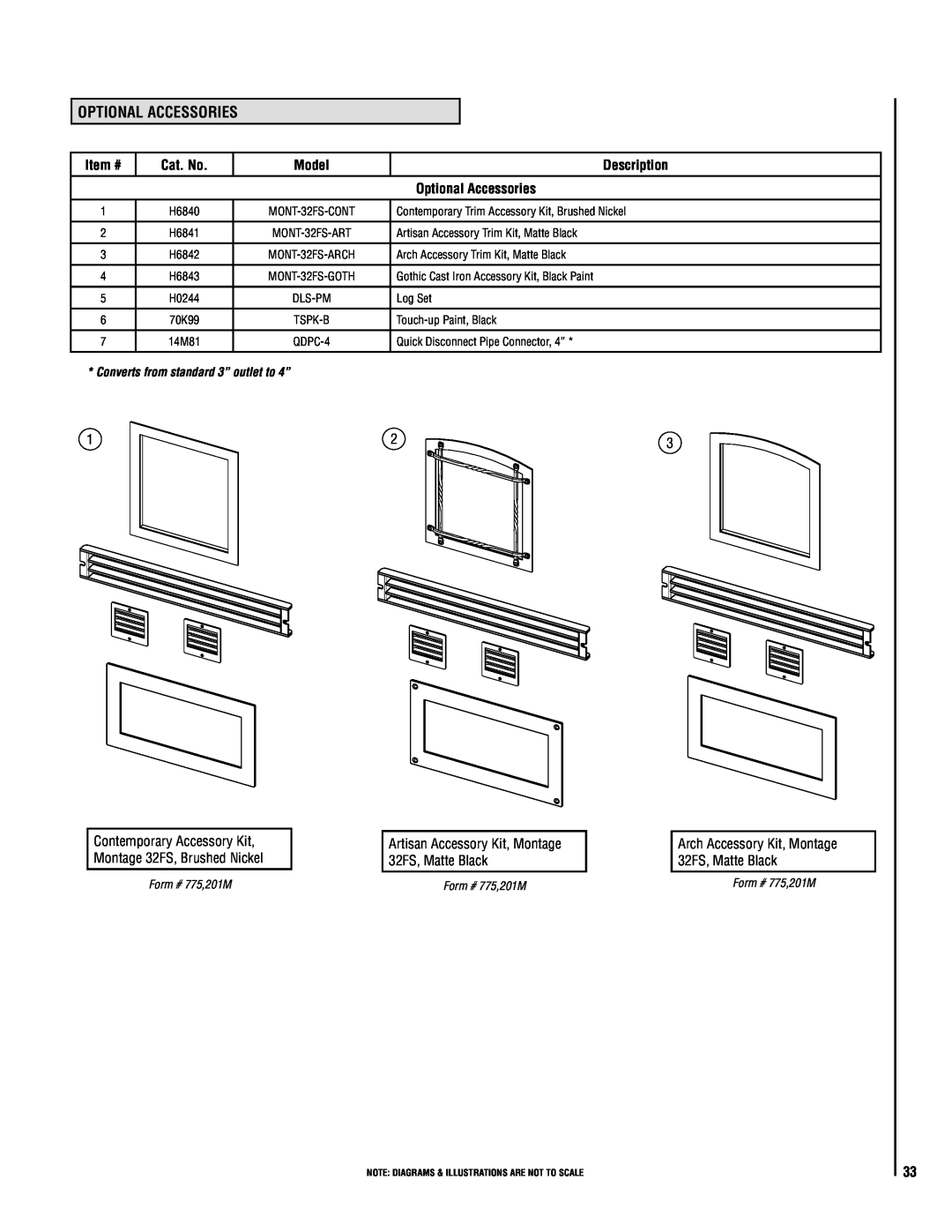 Lennox Hearth 32FS Optional Accessories, Item #, Cat. No, Model, Description, Arch Accessory Trim Kit, Matte Black 