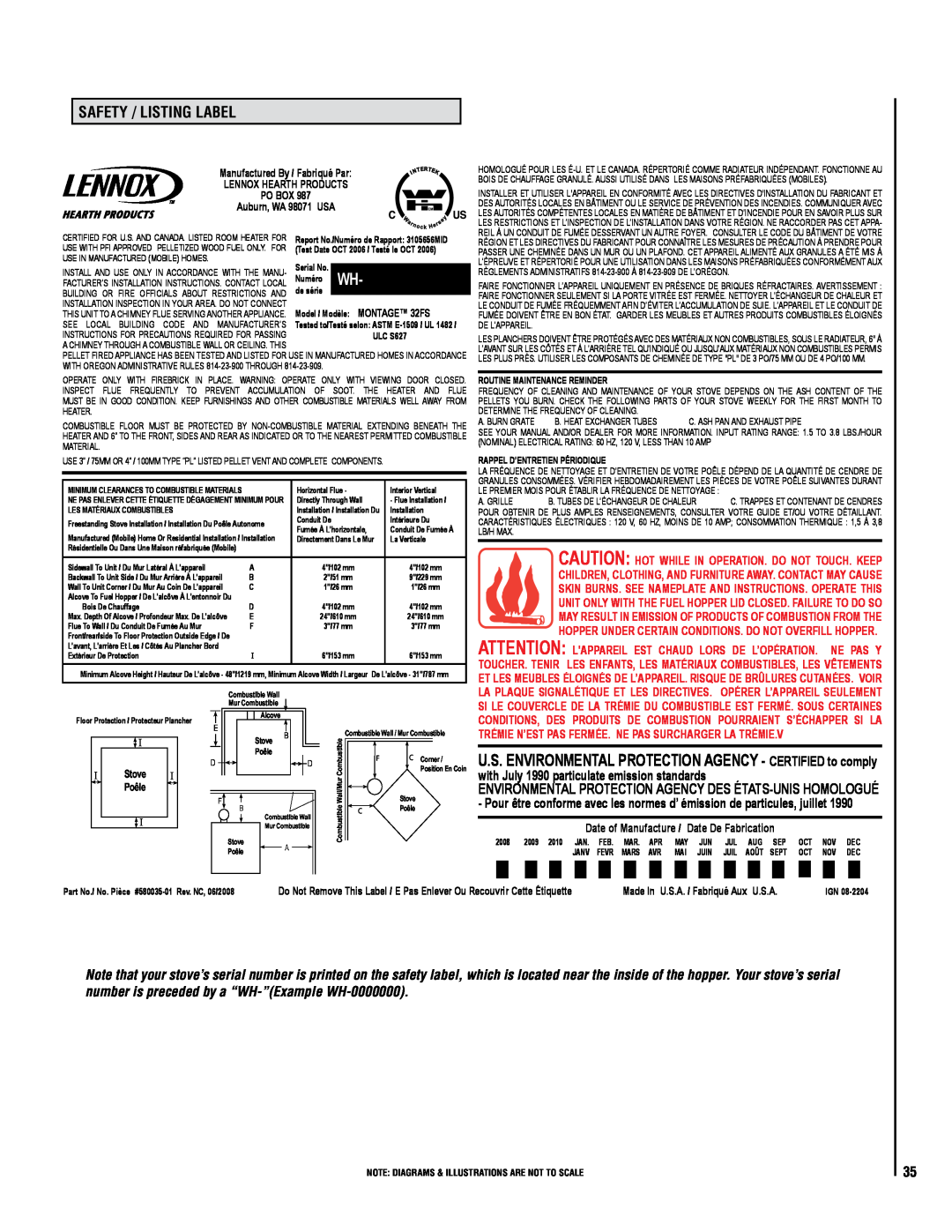 Lennox Hearth 32FS operation manual safety / listing label, Manufactured By / Fabriqué Par, Lennox Hearth Products Po Box 