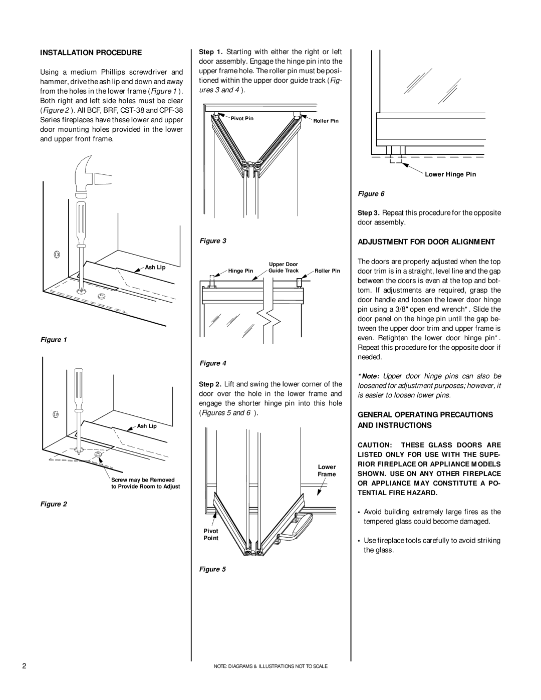 Lennox Hearth 38ABF Installation Procedure, Adjustment for Door Alignment, General Operating Precautions and Instructions 