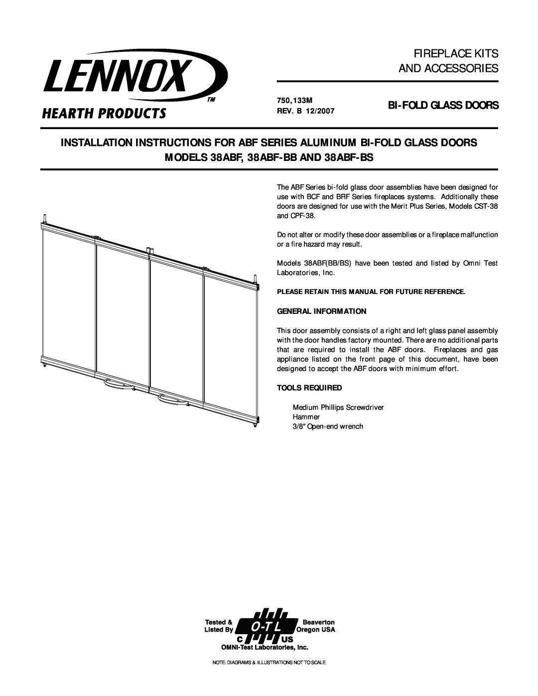Lennox Hearth 38ABF-BB, 38ABF-BS installation instructions 750,133M REV. B 12/2007, General Information, Tools Required 