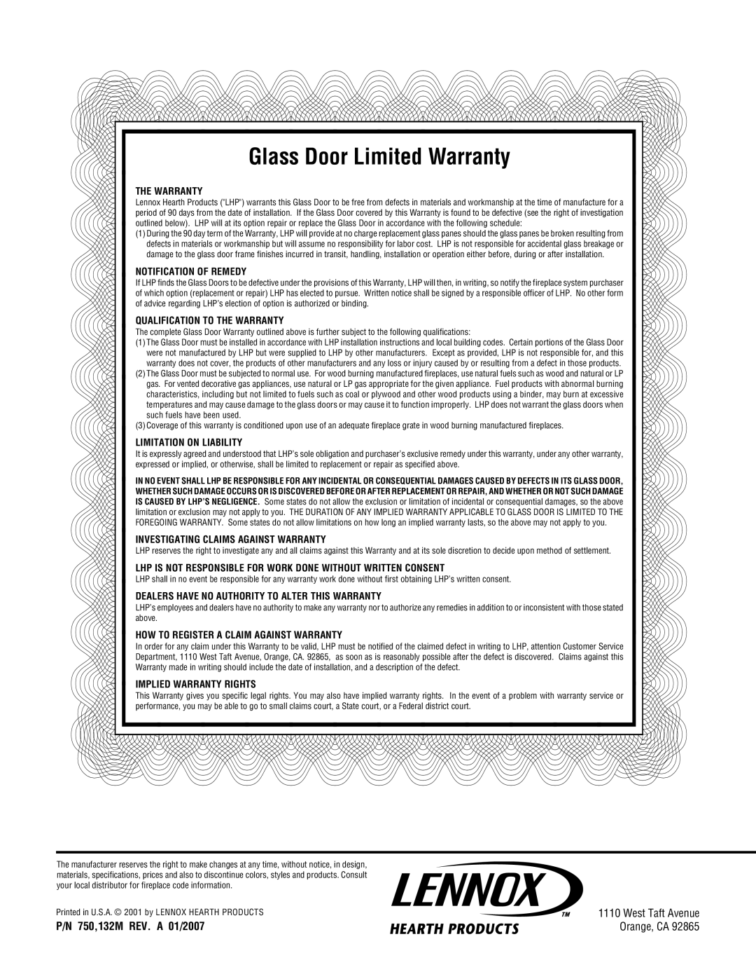 Lennox Hearth 38AEP-BB, 38AEP-BS Notification of Remedy, Qualification to the Warranty, Limitation on Liability 