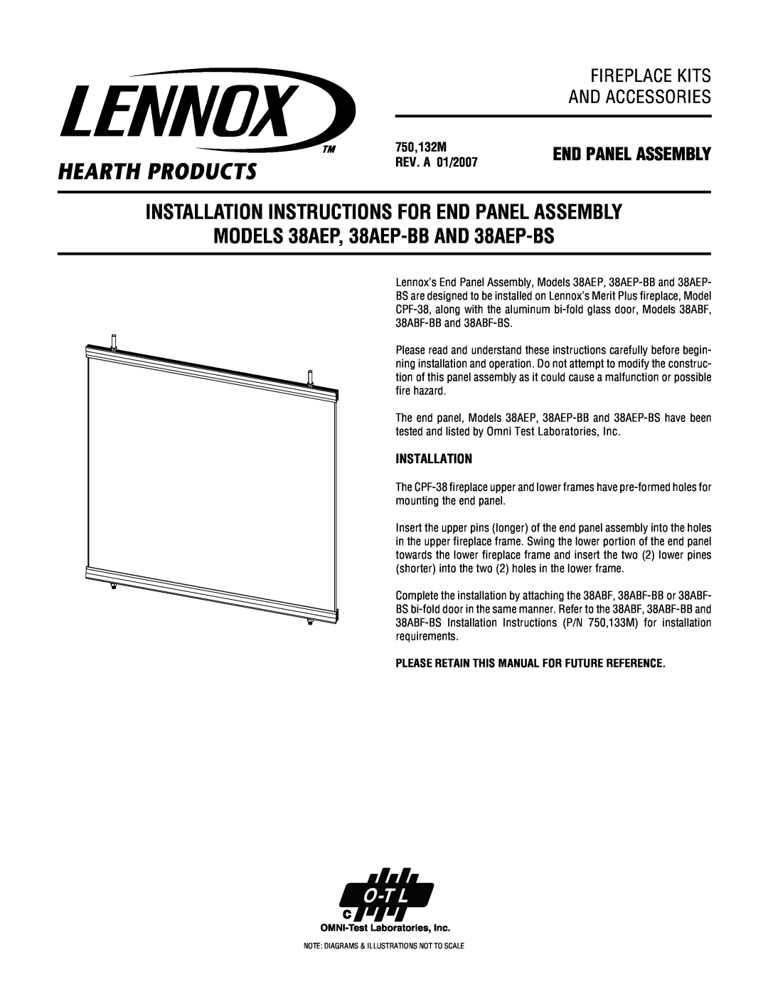 Lennox Hearth 38AEP-BS installation instructions Please Retain This Manual For Future Reference, End Panel Assembly 