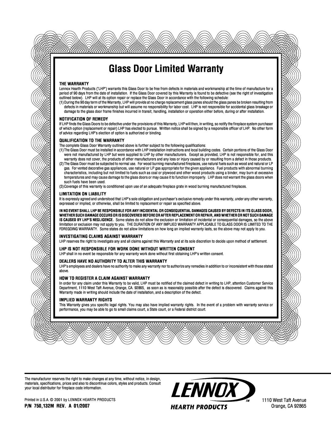 Lennox Hearth 38AEP-BB P/N 750,132M REV. A 01/2007, Glass Door Limited Warranty, The Warranty, Notification Of Remedy 