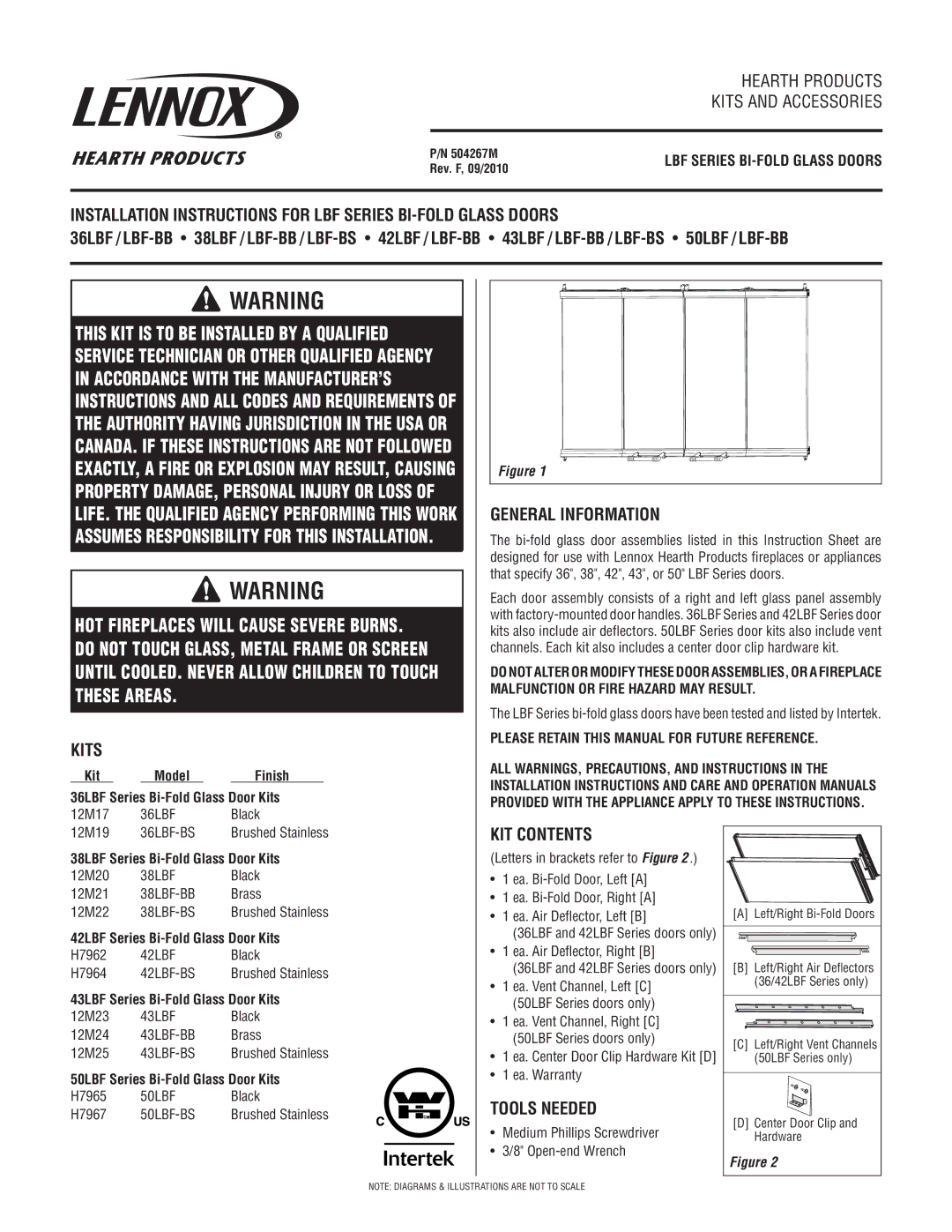 Lennox Hearth 43LBF, 42LBF, LBF-BB, 50LBF installation instructions Kits, General Information, KIT Contents, Tools Needed 