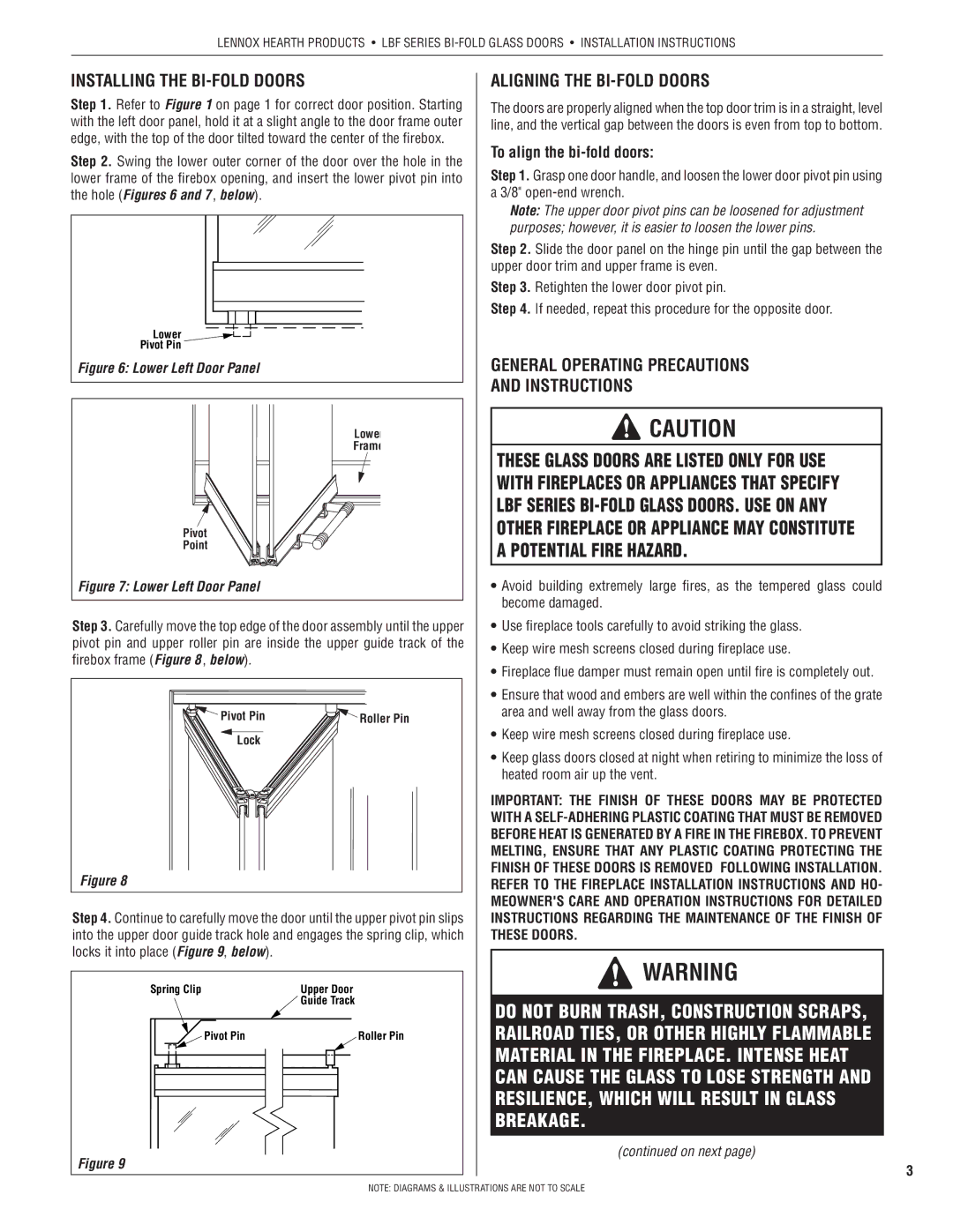 Lennox Hearth 50LBF Installing the BI-FOLD Doors, Aligning the BI-FOLD Doors, General Operating Precautions Instructions 