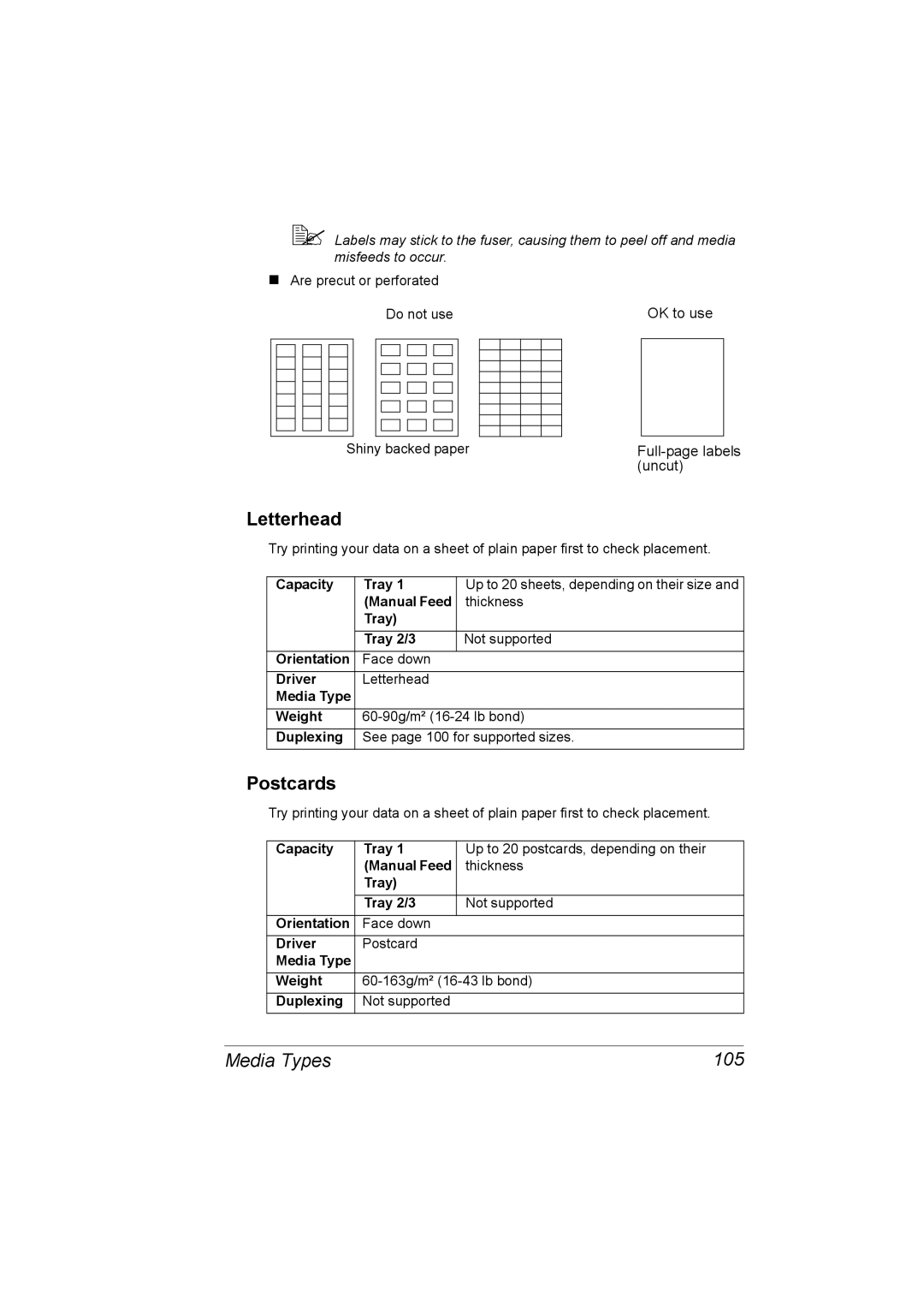 Lennox Hearth 4650EN manual Letterhead, Postcards, Media Types 105 