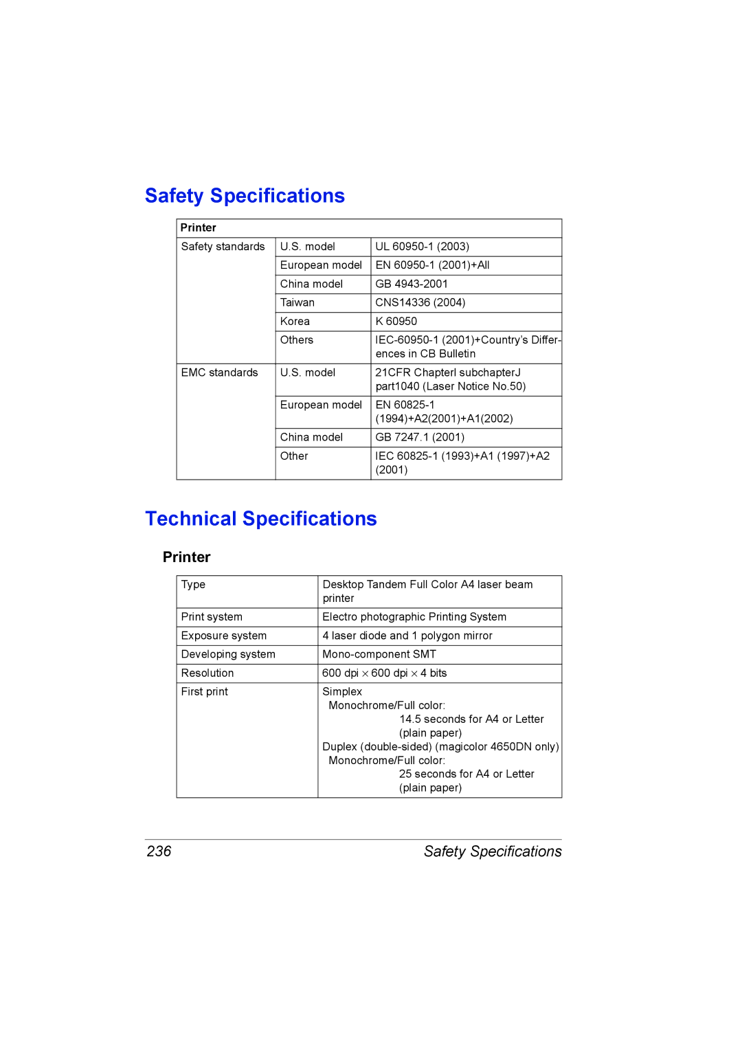 Lennox Hearth 4650EN manual Safety Specifications, Technical Specifications, Printer, 236 