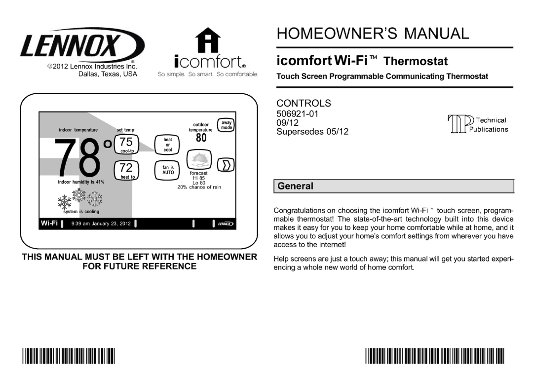 Lennox Hearth 50692101 owner manual General, 506921−01 09/12 Supersedes 05/12 