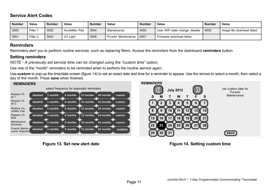 Lennox Hearth 50692101 owner manual Service Alert Codes, Reminders, Setting reminders, July 