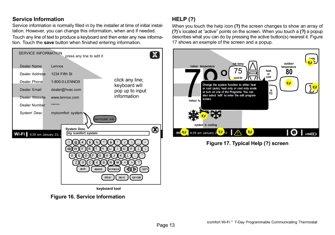 Lennox Hearth 50692101 owner manual Service Information, Help ?, Click any line, Keyboard will 