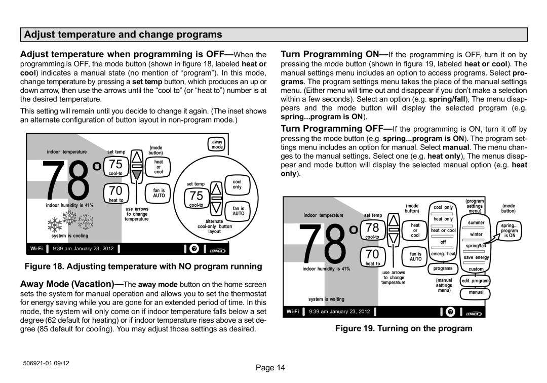 Lennox Hearth 50692101 owner manual Adjust temperature and change programs, Adjust temperature when programming is OFF When 