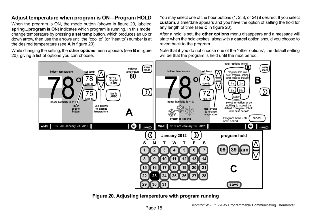 Lennox Hearth 50692101 owner manual Adjust temperature when program is on, January Program hold 