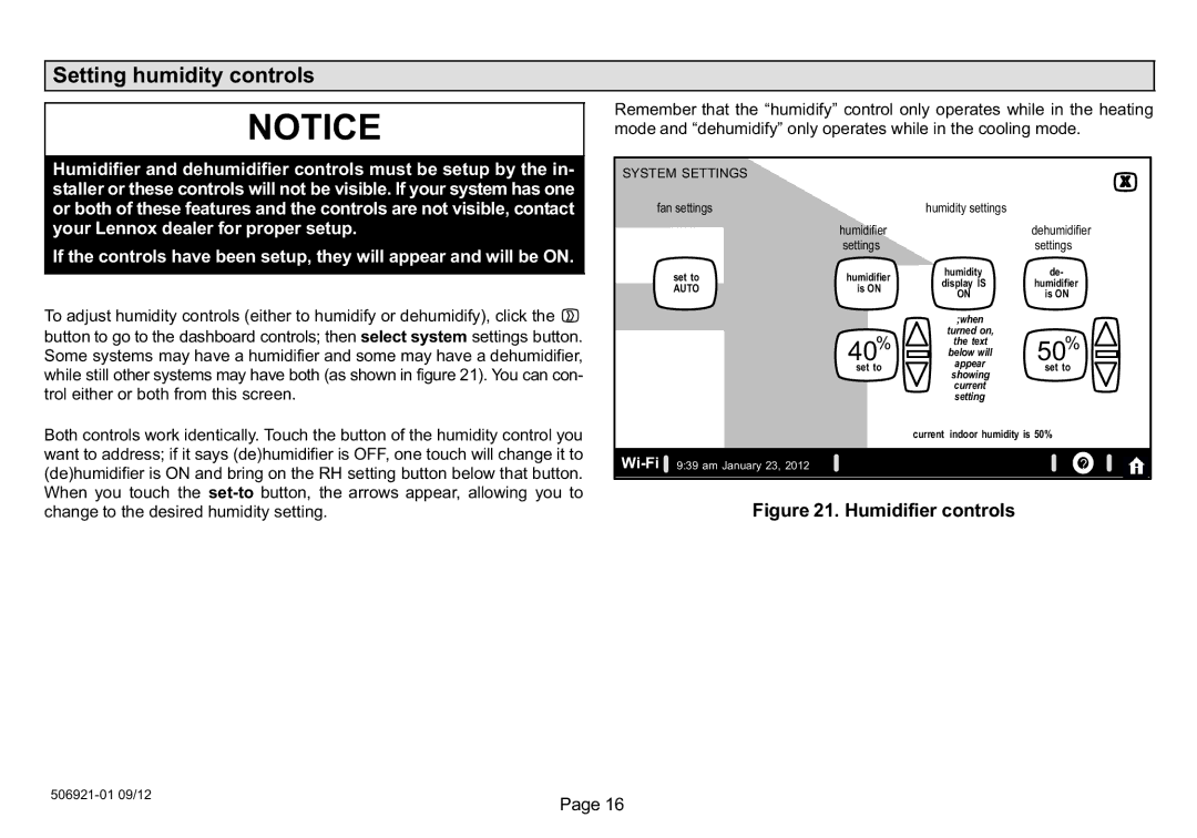 Lennox Hearth 50692101 owner manual Setting humidity controls, Fan settings 