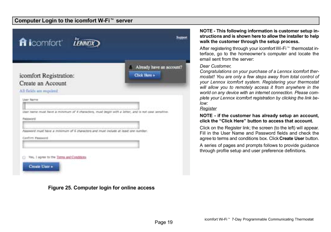 Lennox Hearth 50692101 owner manual Computer Login to the icomfort W−Fit server, Computer login for online access 