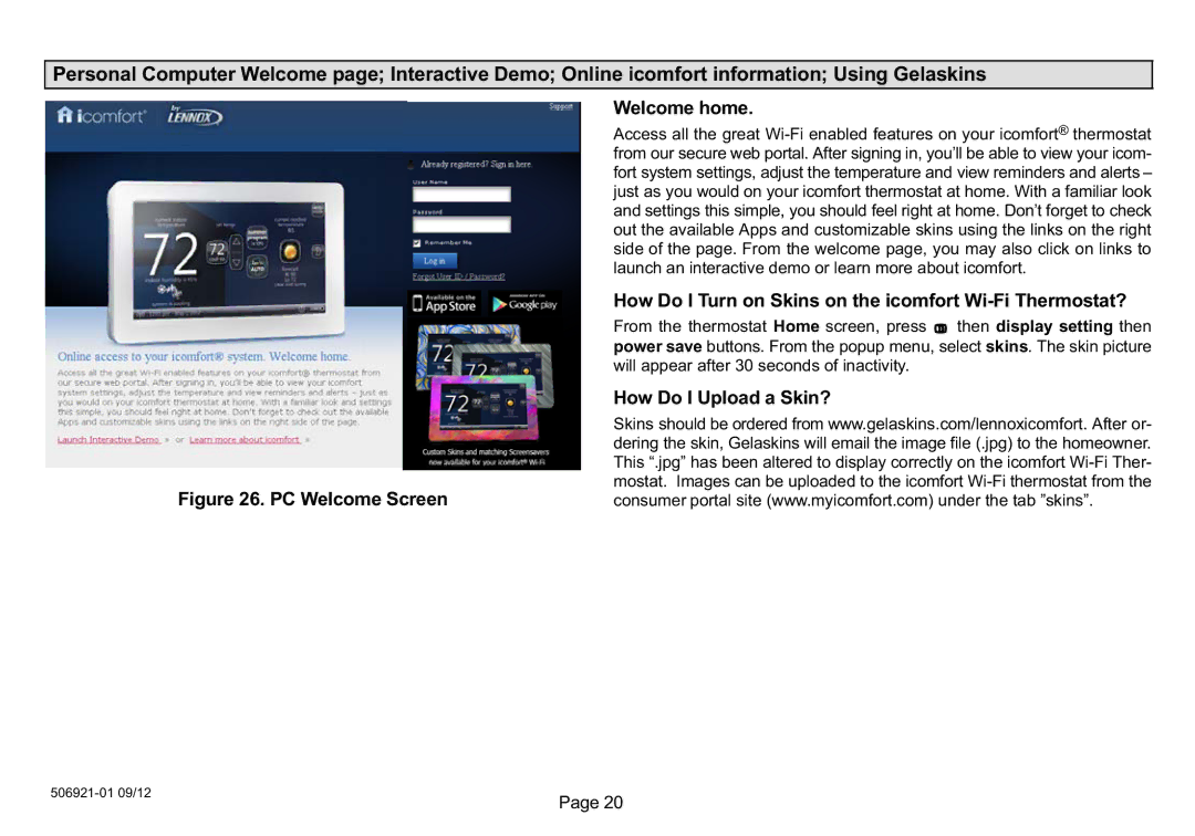 Lennox Hearth 50692101 Welcome home, How Do I Turn on Skins on the icomfort Wi−Fi Thermostat?, How Do I Upload a Skin? 