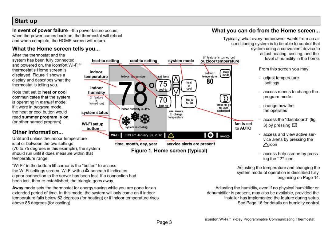 Lennox Hearth 50692101 Start up, What you can do from the Home screen, What the Home screen tells you, Other information 