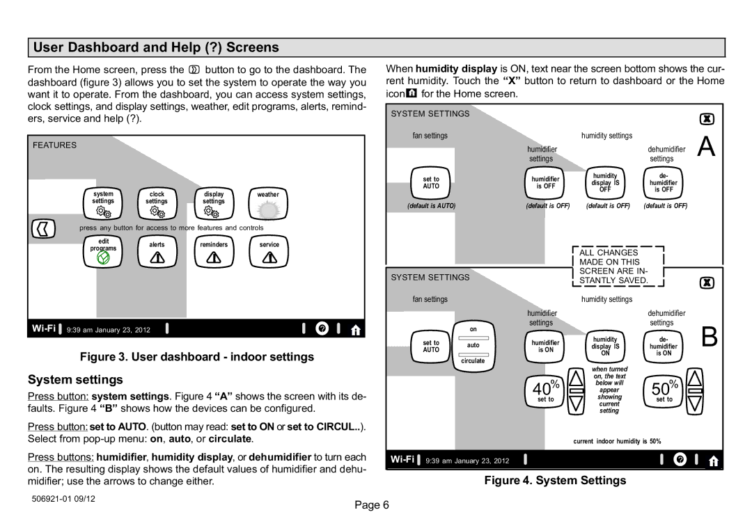 Lennox Hearth 50692101 owner manual User Dashboard and Help ? Screens, System settings, Shows the screen with its de 