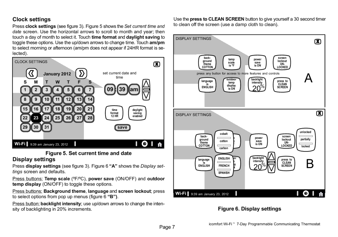 Lennox Hearth 50692101 owner manual Clock settings, Display settings, Save, Shows the Display set 