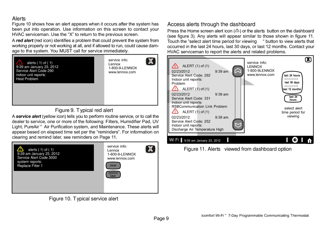 Lennox Hearth 50692101 owner manual Alerts, Access alerts through the dashboard, Service info, Lennox, 800−9LENNOX 