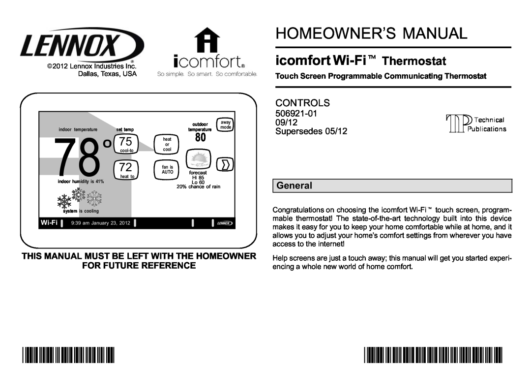 Lennox Hearth 50692101 owner manual 2P0912**P506921-01, Controls, General, This Manual Must Be Left With The Homeowner 