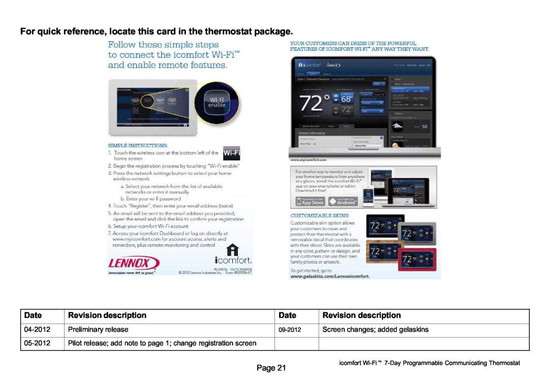 Lennox Hearth 50692101 owner manual Date, Revision description, Page, Wi−Fi, 04−2012, Preliminary release, 05−2012 