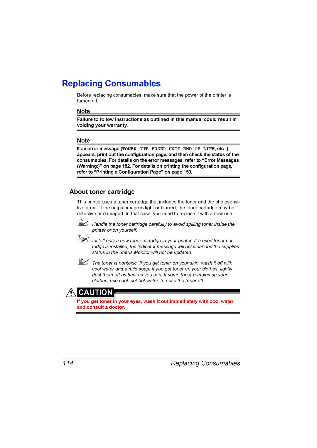 Lennox Hearth 5650EN, 4650EN manual Replacing Consumables, About toner cartridge, 114 