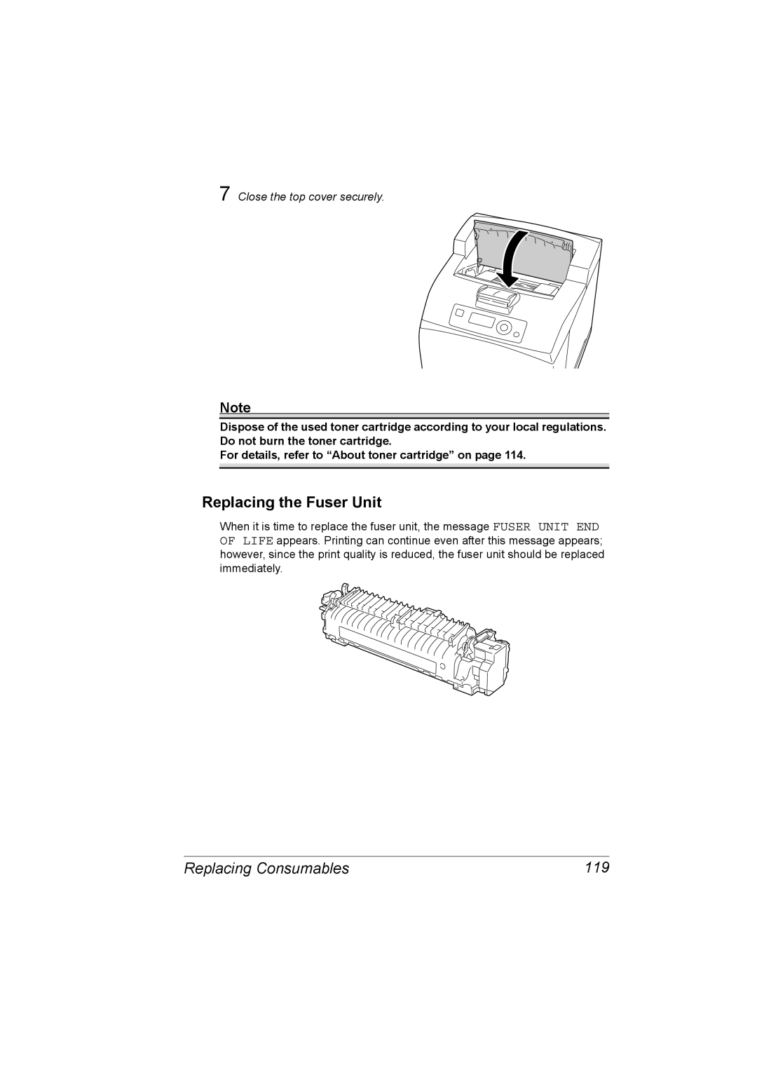 Lennox Hearth 4650EN, 5650EN manual Replacing the Fuser Unit, Replacing Consumables 119 