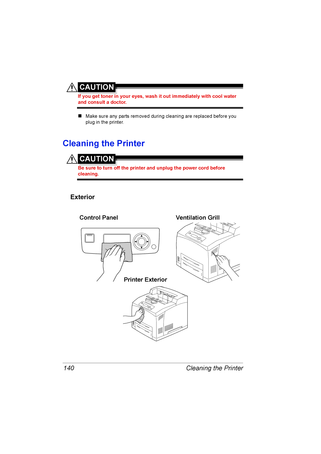 Lennox Hearth 5650EN, 4650EN manual Cleaning the Printer, 140, Control Panel, Printer Exterior 