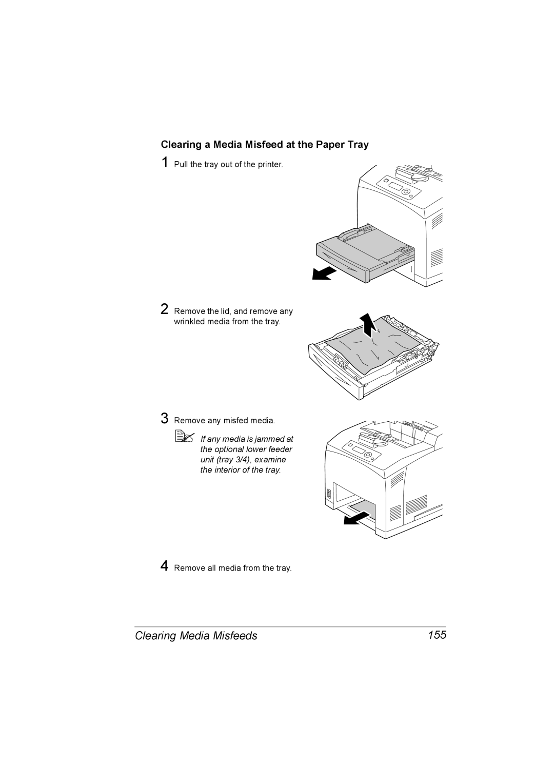 Lennox Hearth 4650EN, 5650EN manual Clearing Media Misfeeds 155, Clearing a Media Misfeed at the Paper Tray 