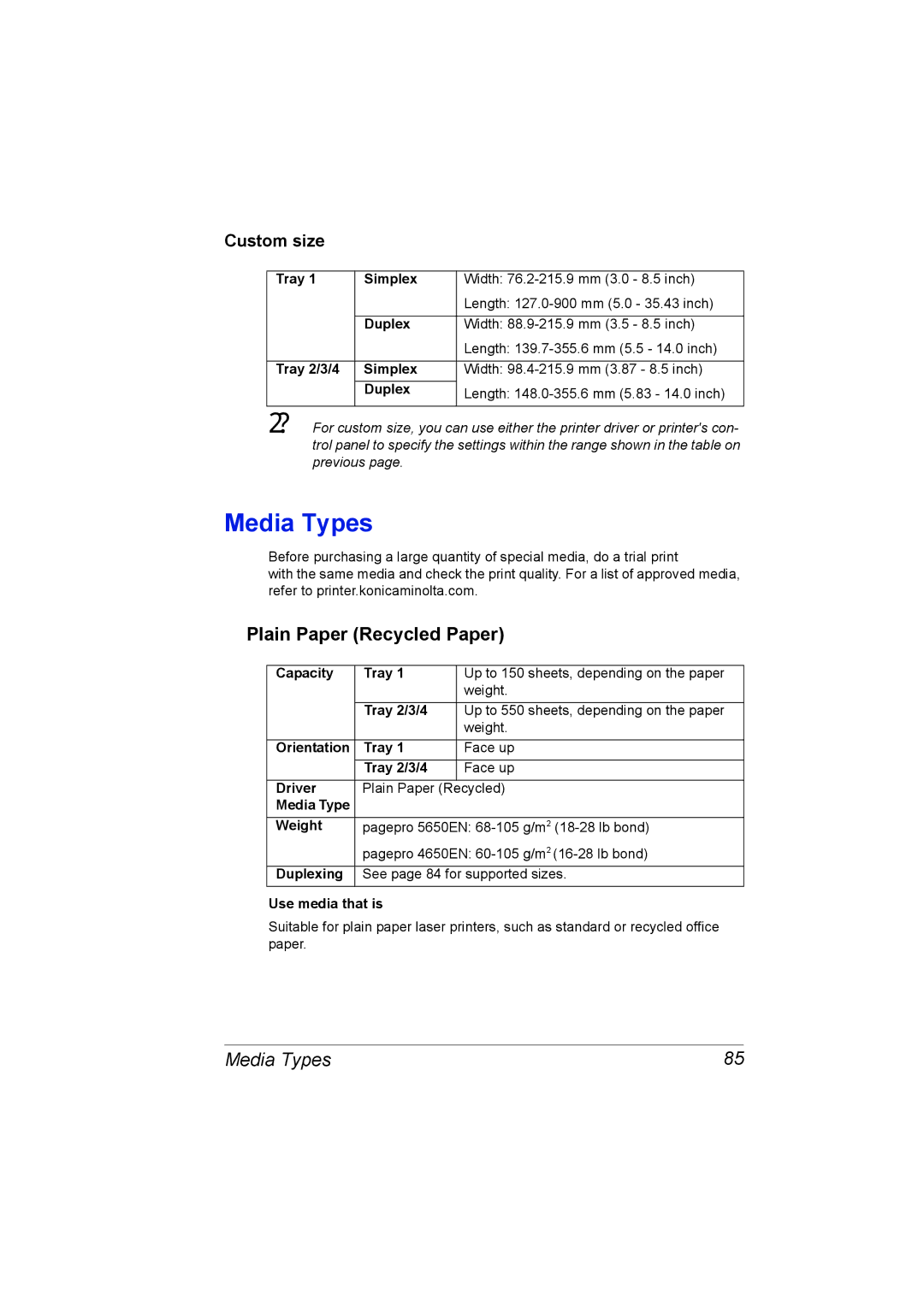 Lennox Hearth 4650EN, 5650EN manual Media Types, Plain Paper Recycled Paper, Custom size 